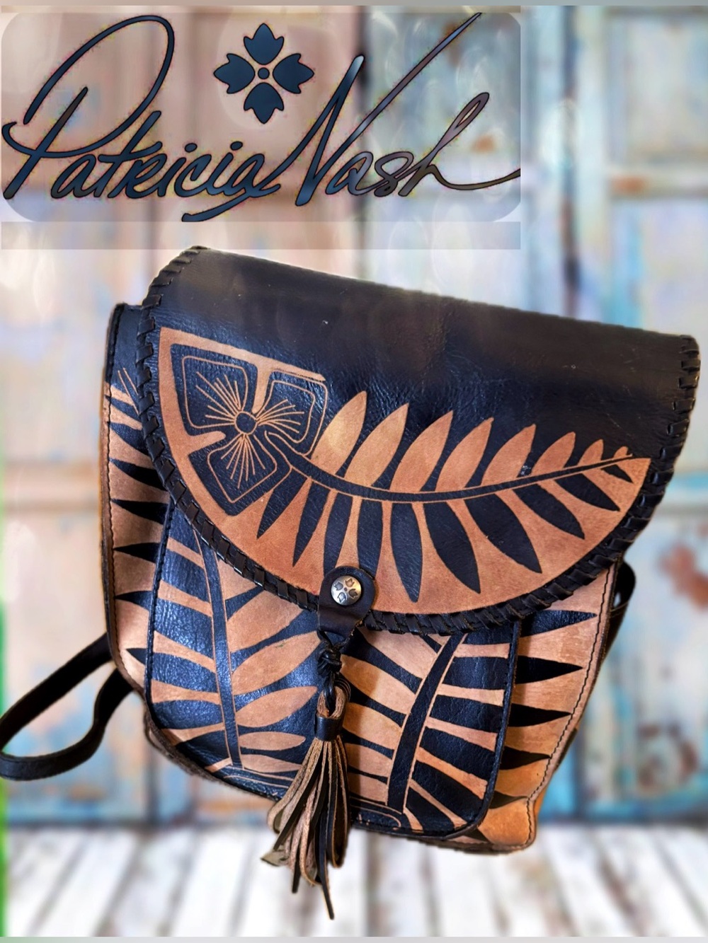 Patricia Nash Tan Leather and Black Printed Floral Backpack